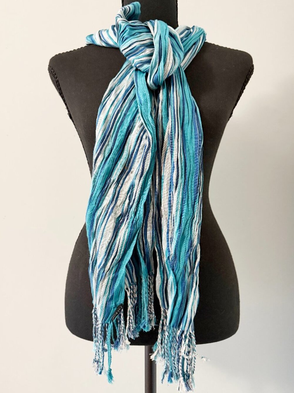 Talbots Blue Teal Metallic Striped Crinkle Scarf Tassel Fringe Boho Shimmer Long